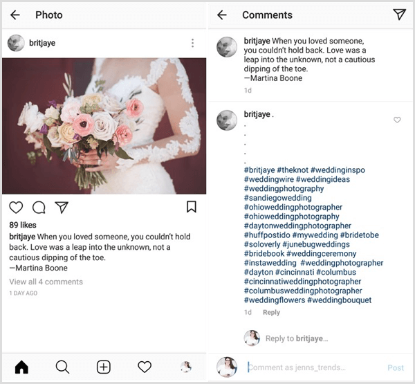 esempio di post su Instagram con una combinazione di hashtag di contenuto, settore, nicchia e brand