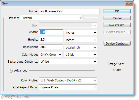 dimensioni e risoluzione di Photoshop per biglietti da visita