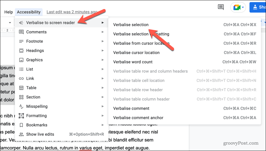 Opzioni dello screen reader di Google Documenti