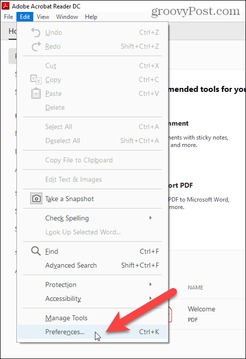 Seleziona Preferenze nel menu Modifica in Adobe Acrobat Reader