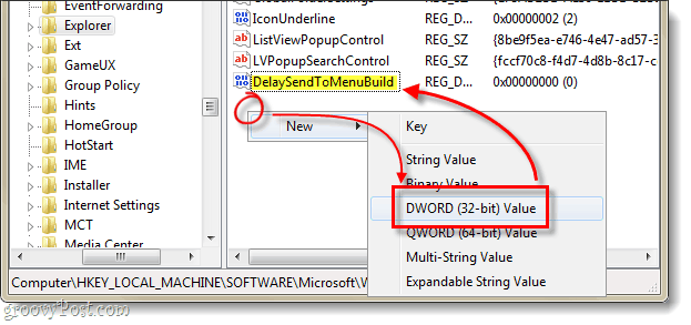 Ritarda la creazione di dword nel menu di invio in Windows 7
