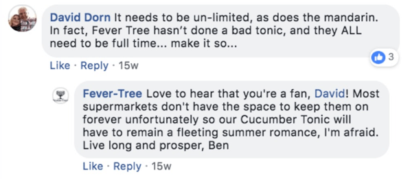 Esempio di un Fever-Tree che risponde a un commento su un post di Facebook.