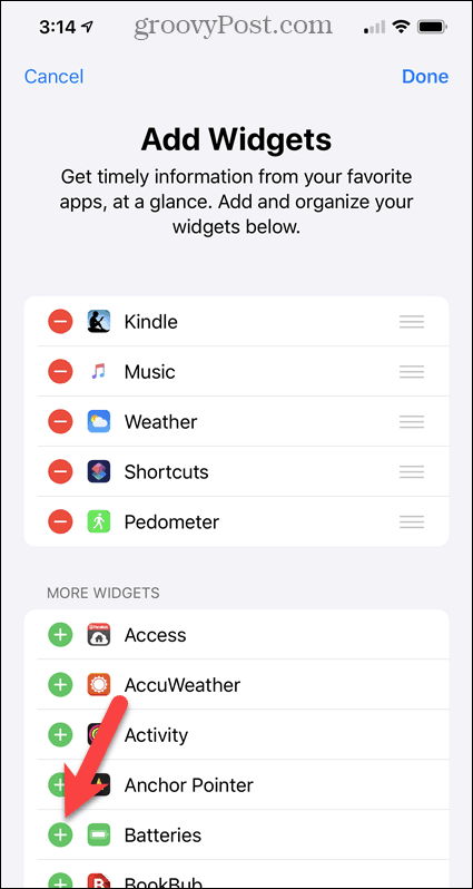 Aggiungi il widget Batterie alla schermata Widget iPhone