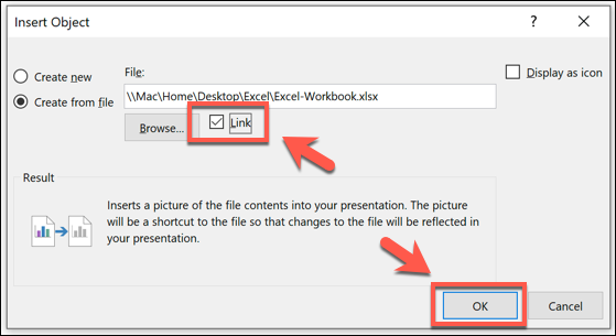 Inserimento di un foglio di calcolo Excel in PowerPoint con l'opzione di collegamento abilitata