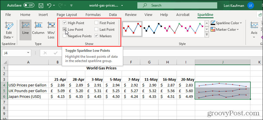 Mostra le opzioni per i grafici sparkline in Excel