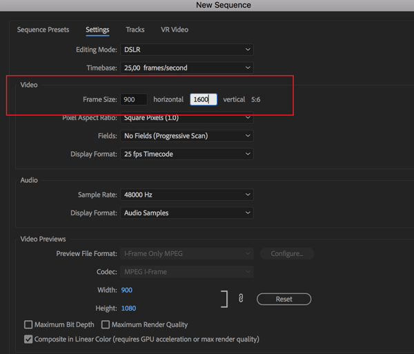 Opzione per impostare la frequenza dei fotogrammi per la sequenza in Adobe Premier Pro.