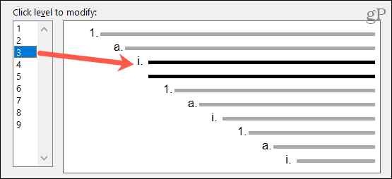 Scegli un livello da modificare per gli elenchi multilivello in Word