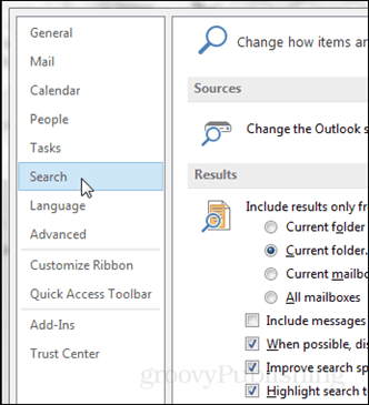 opzioni di Outlook> ricerca