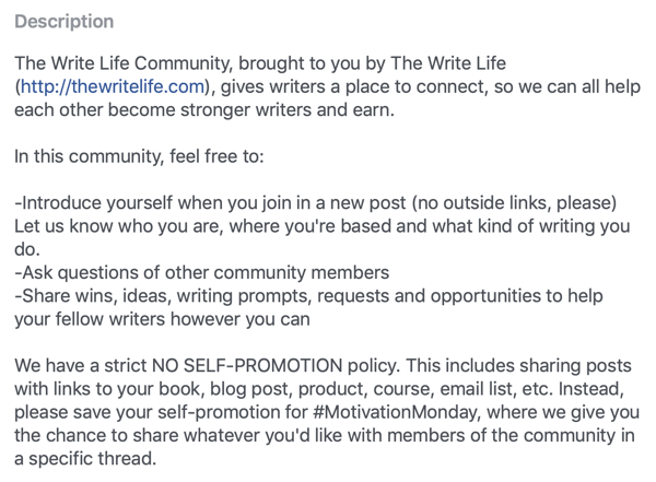 Come migliorare la community del tuo gruppo Facebook, esempio di descrizione del gruppo Facebook e regole di The Write Life Community
