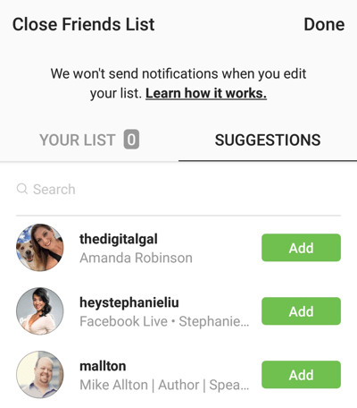 Opzione per fare clic su Aggiungi per aggiungere un amico all'elenco degli amici stretti su Instagram.