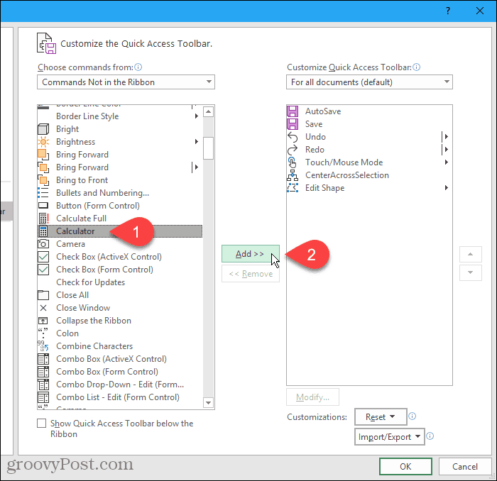 Seleziona Calcolatrice a sinistra, quindi fai clic su Aggiungi nella finestra di dialogo Opzioni di Excel