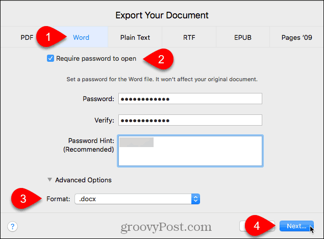 Esporta la finestra di dialogo del documento in Pages per Mac