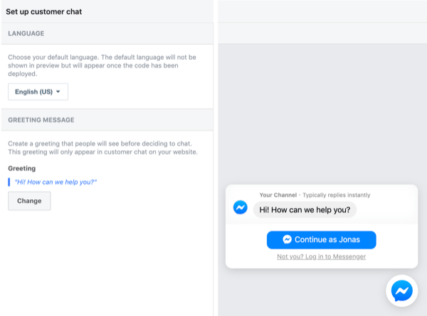 Configura la chat dei clienti di Facebook, passaggio 2.