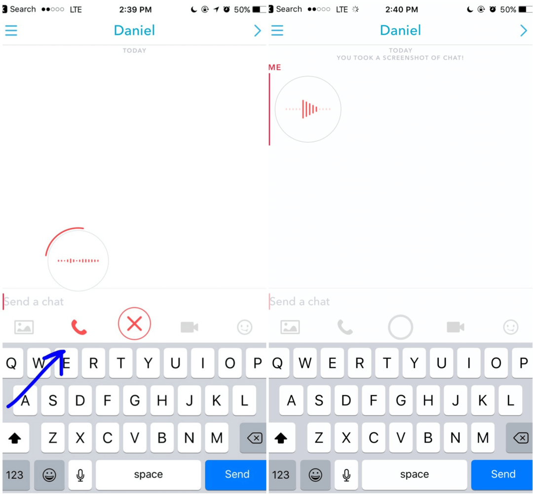 In Snapchat, tieni premuta l'icona del telefono per registrare un messaggio vocale che il tuo cliente vedrà al successivo accesso.