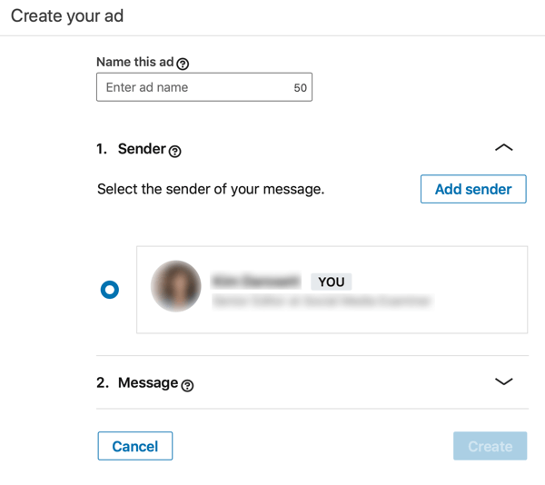 Come creare un annuncio InMail sponsorizzato basato su obiettivi di LinkedIn, passaggio 3, impostare il nome dell'annuncio e il mittente