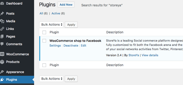 Saprai che il plug-in è attivato quando WooCommerce Shop su Facebook viene visualizzato in Plugin installati.