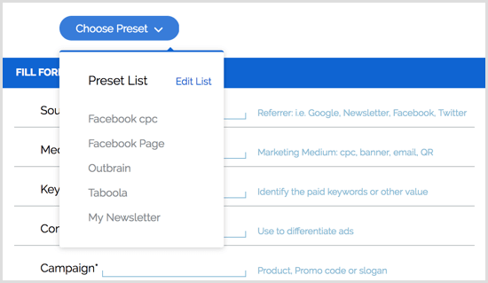 Predefiniti estensioni Chrome di Google URL Builder