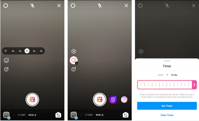 schermate che mostrano l'opzione e le impostazioni del timer dei rulli di Instagram 