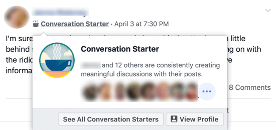 Come migliorare la community del tuo gruppo Facebook, esempio del badge del gruppo Facebook "Conversation Starter" accanto al nome dei membri del gruppo e il pop-up che identifica altri membri del gruppo che condividono quel badge