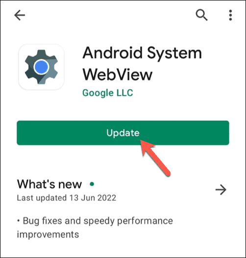 Aggiornamento del sistema Android WebView nel Google Play Store