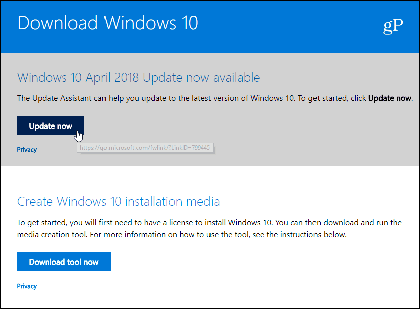 Scarica l'aggiornamento di Windows 10 aprile 2018