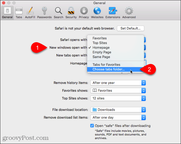 Seleziona la cartella Scegli schede per Apri nuove finestre con impostazione in Safari su Mac