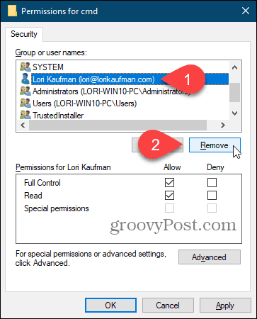 Rimuovere un utente dalla finestra di dialogo Autorizzazioni nel registro di Windows