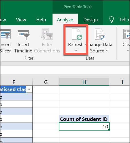 Aggiornamento di una tabella pivot in Excel
