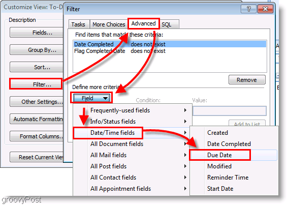 Schermata: Filtro di configurazione della barra delle cose da fare di Outlook 2007