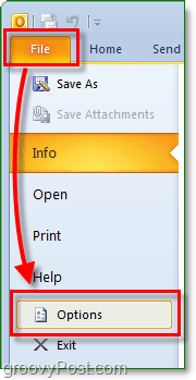 in Microsoft Outlook 2010, fare clic sulla barra multifunzione del file per inserire lo sfondo, quindi fare clic sul pulsante Opzioni