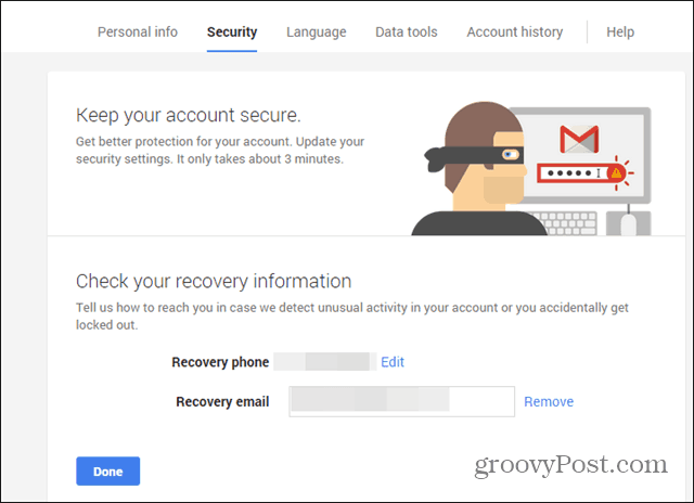 Controllo e-mail del telefono della procedura guidata di sicurezza di Google