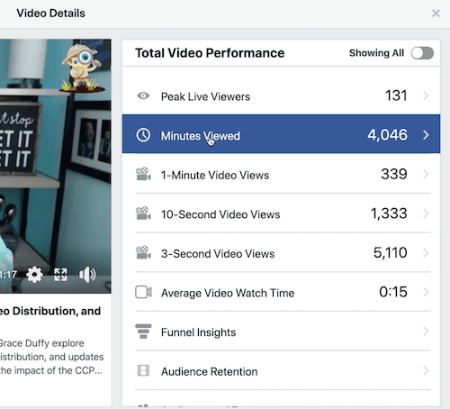 esempio di grafico di facebook di fidelizzazione del pubblico nella sezione delle prestazioni video totali