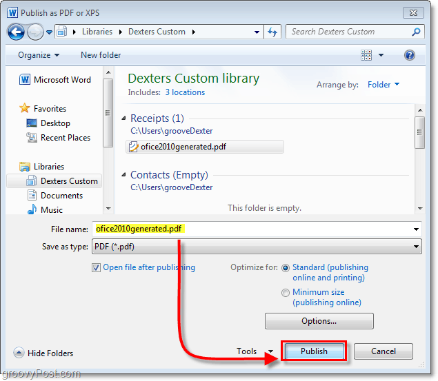 scegli una posizione in cui salvare il documento pdf di Office 2010