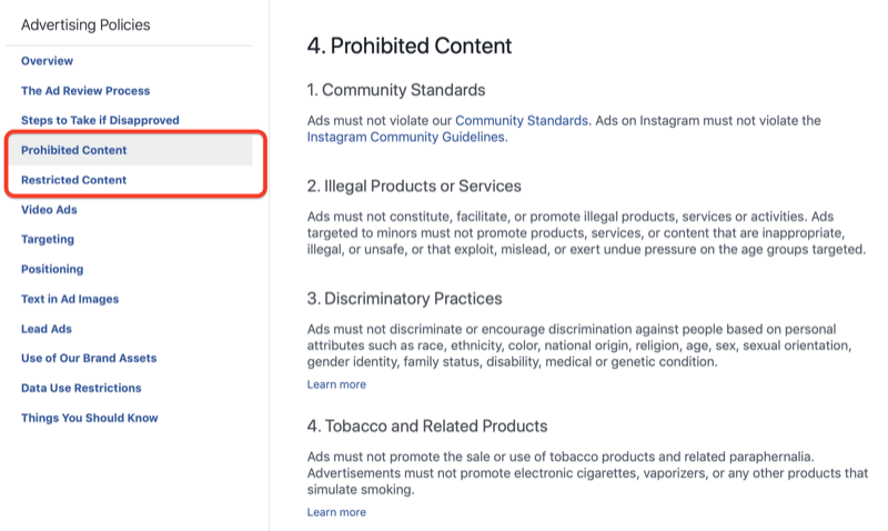 Sezione Contenuti vietati delle politiche pubblicitarie di Facebook