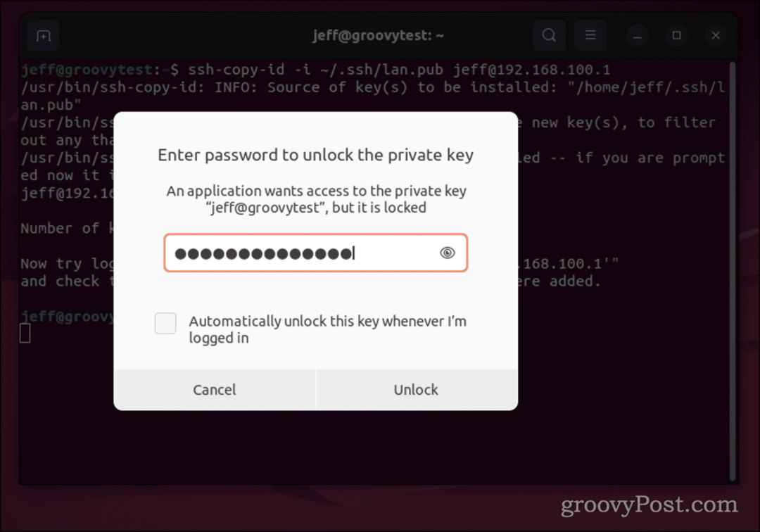 Finestra di dialogo della password di Ubuntu per la chiave SSH