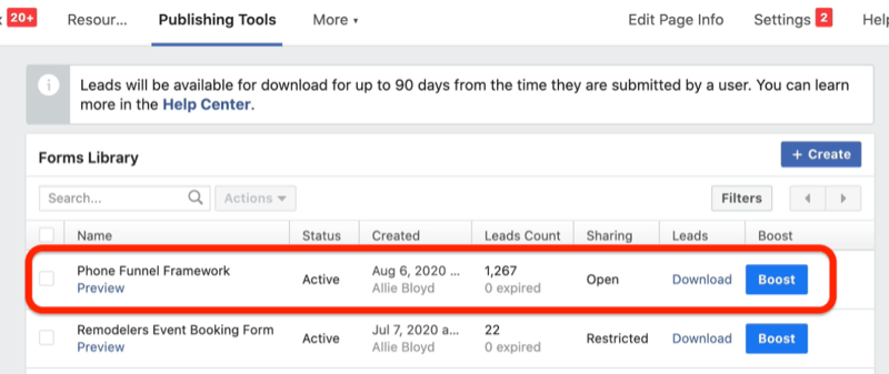 La scheda degli strumenti di pubblicazione del manager aziendale di Facebook è impostata sulla libreria dei moduli con alcuni moduli di esempio, un framework di canalizzazione del telefono denominato evidenziato come esempio