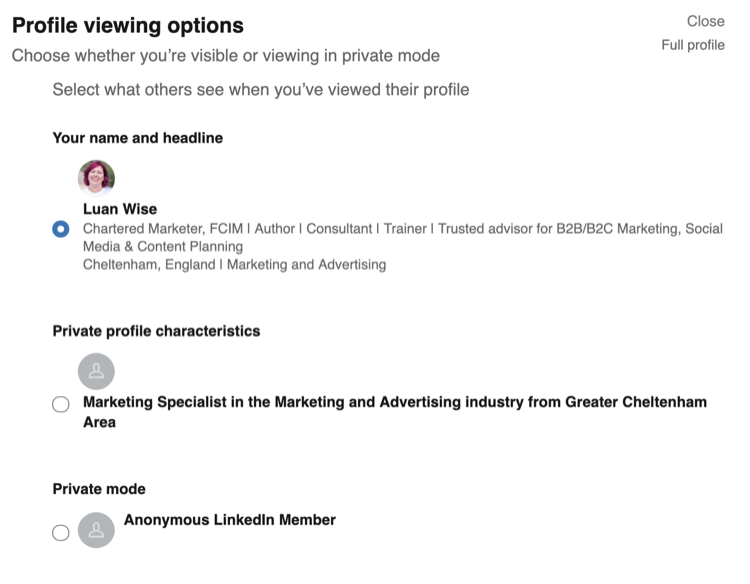 Opzioni di visualizzazione del profilo nelle impostazioni sulla privacy di LinkedIn