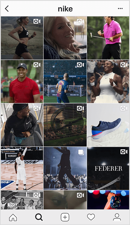 I post di Nike su Instagram presentano una griglia di atleti che indossano abbigliamento Nike, ma poche immagini nel feed contengono testo.