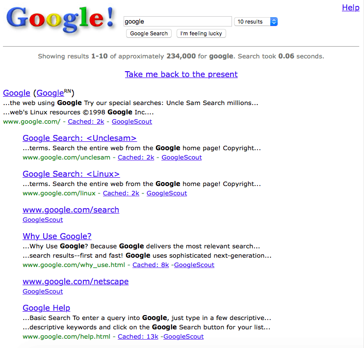 Divertimento del venerdì: torna al Web 1.0 su Google "Google nel 1998"