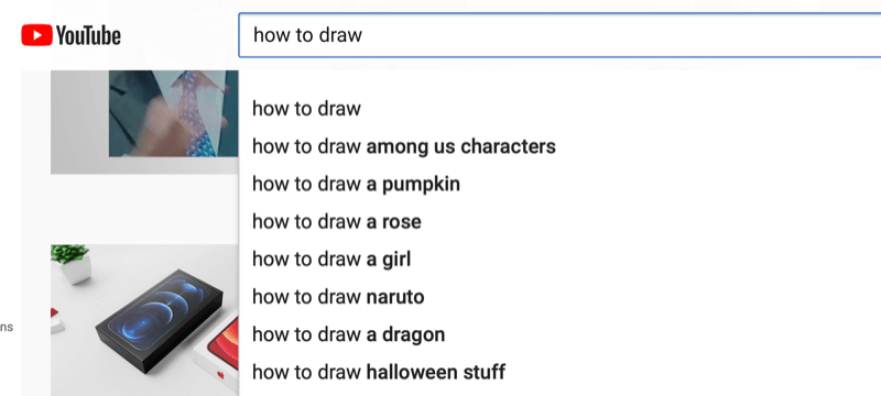 esempio di ricerca di parole chiave su youtube per la frase "come disegnare"