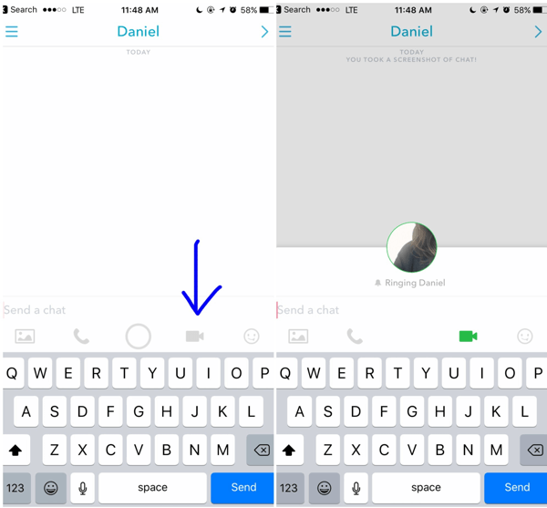 Per effettuare una videochiamata Snapchat, tocca l'icona del video nella conversazione aperta con un cliente.