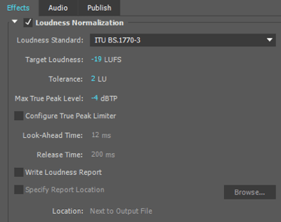 Uso queste impostazioni di normalizzazione del volume quando esporto il mio file audio in Adobe Premiere.