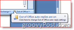 Angolo in basso a destra di Outlook 2007 - Promemoria abilitato per le risposte automatiche Fuori sede