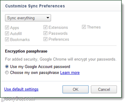 preferenze di sincronizzazione di Chrome