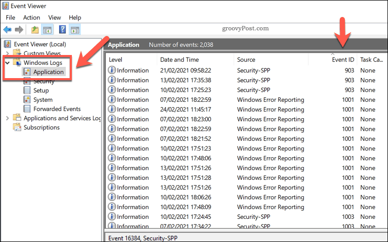Un elenco di registri dell'applicazione Windows nel Visualizzatore eventi
