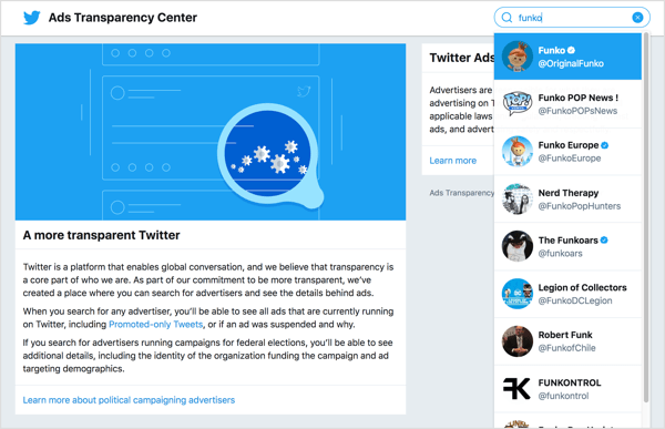 ALTPer visualizzare gli annunci di un'attività commerciale, vai al Twitter Ads Transparency Center. 