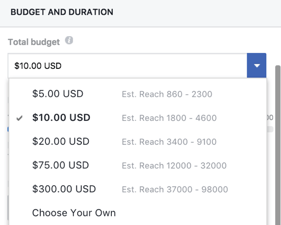 Puoi impostare manualmente un budget per il tuo post potenziato di Facebook.