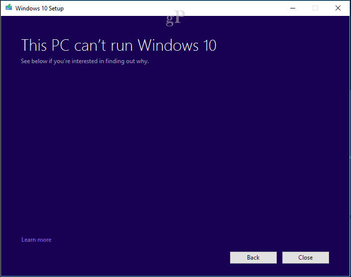 installazione di windows 10: il PC non può eseguire Windows 10