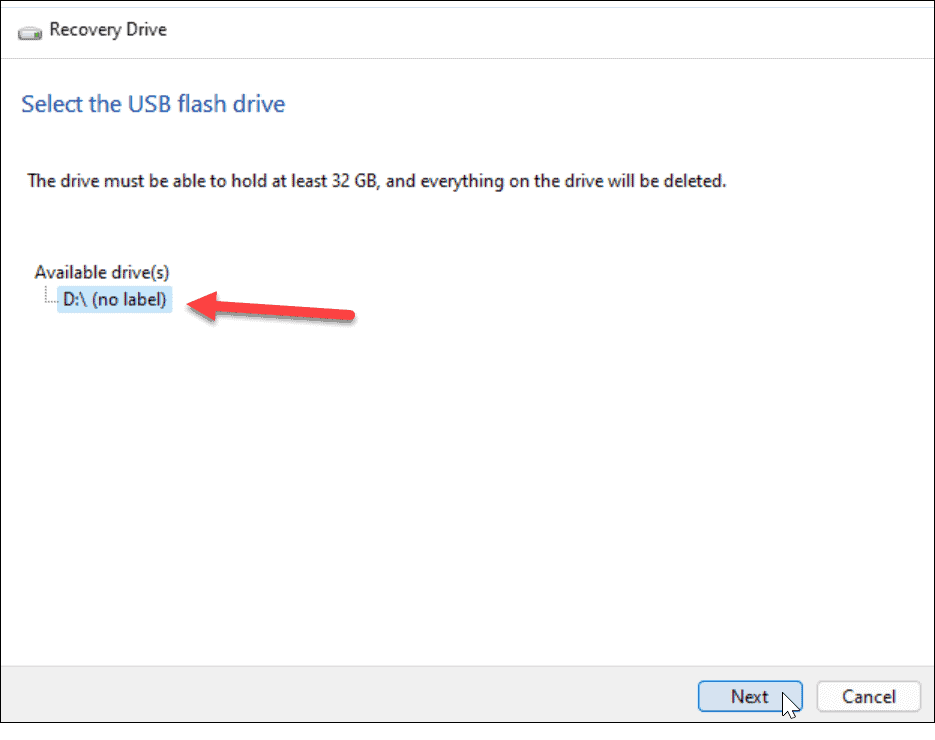 scegli l'unità di ripristino di Windows 11