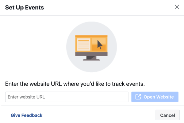 Utilizzare lo strumento di configurazione degli eventi di Facebook, passaggio 3, immettere l'URL del sito Web per installare l'evento pixel